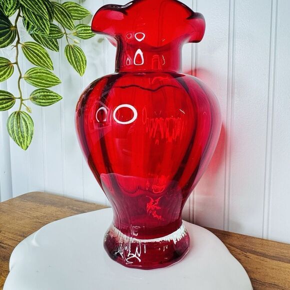 Vintage Ruby Red Glass Vase Bowl Ruffled Ribbed Melon Heavy BEAUTIFUL 9.25” - Picture 3 of 11